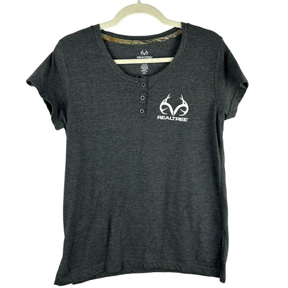 Real Tree Henely Shirt Women Large Gray Short Sleeves Hunting Fishing Outdoors - Picture 1 of 6